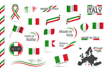 Big set of Italian ribbons, symbols, icons and flags isolated on a white background, Made in Italy, Welcome to Italy, premium quality, Italian tricolor, set for your infographics, and templates