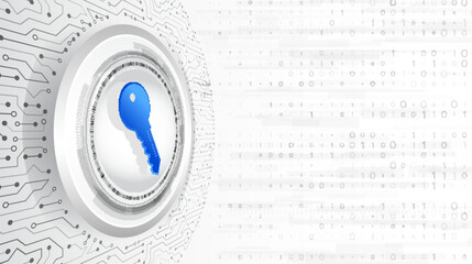 Private key for network and data protection. Global digital technologies. Abstract circuit board isometric background with key.