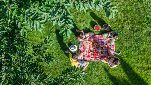 Fotomural Happy family having picnic in park, parents with kids sitting on grass and eatin