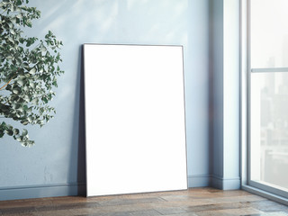 Wall Mural - Blank white banner next to large window and green trees, 3d rendering