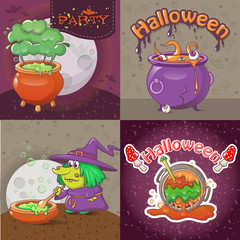 Wall Mural - Cauldron pot halloween banner concept set. Cartoon illustration of 4 cauldron pot halloween vector banner concepts for web