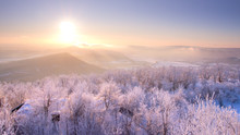 Beautiful Winter Sunrise Lanscape With Hills