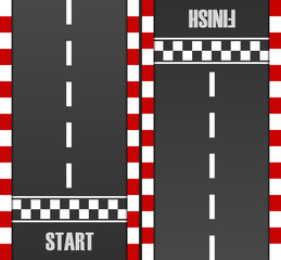 Start and finish line racing background top view. Grunge textured on the asphalt road. Abstract concept graphic element. Vector EPS10 illustration.