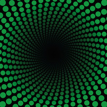 Spiral Pattern With Green Dots, Tunnel With Black Center - Twisted Circular Fractal Background Illustration.