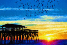 Seagulls Flying Around Myrtle Beach State Park Pier At Sunrise