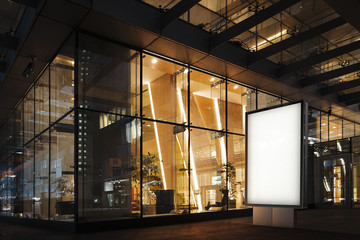 Wall Mural - Blank illuminated banner at night time next to business center. 3d rendering