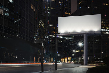 Wall Mural - Blank billboard at night time with the city on background. 3d rendering