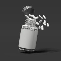 Wall Mural - White pills spilling out of transparent bottle, 3d rendering.