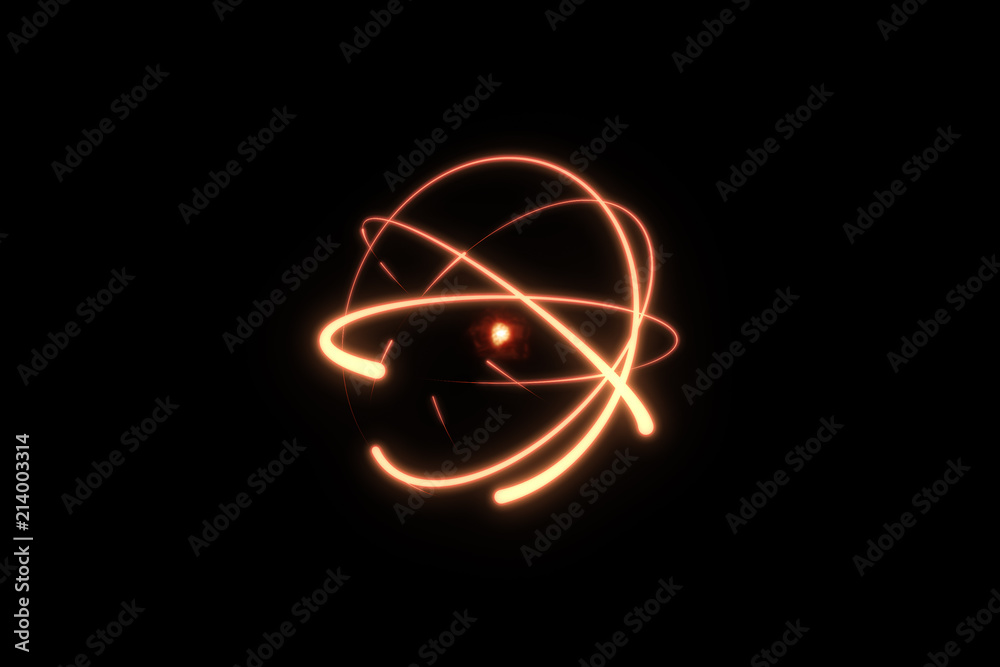 Fiery atom circle magic shiny rotation around the core on a black background 3d illustration - obrazy, fototapety, plakaty 