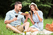 © Ivan - Happy young couple celebrating anniversary or birthday by having a romantic picnic in park. Eating cheese, grapes and drinking red wine. Love and dating, romance, lifestyle concept