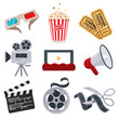 Cinema icons set in flat style. Movie industry objects. Colorful cinema illustrations isolated on white. Design elements for movie theater. Vector eps 10