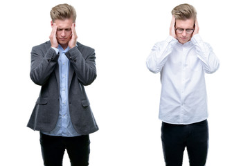 Poster - Young handsome blond business man wearing different outfits with hand on head for pain in head because stress. Suffering migraine.