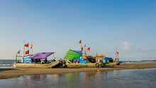 Colourful Viet Nam  Fishing Boats Mooring In Port At Sunrise Time In Hai Hoa Sea, Thanh Hoa Province, Vietnam