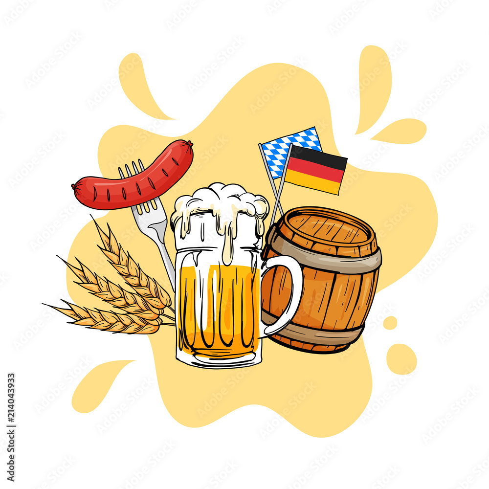 Oktoberfest hand drawn vector illustration. Munich beer festival concept  with vintage old style design. Glass beer mug with barrel, sausage, grain,  germany flag element for poster, banner, logo, badge Stock Vector |, image size:1000x1000