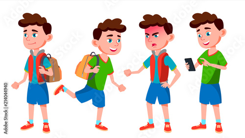 Boy Schoolboy Kid Poses Set Vector Primary School Child Cheerful