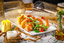 Balkan Cuisine. Sea Prawns With Mexican Salsa On The Background Of Geographical Maps, Rope And Empty Bottles. Concept Sea Voyage. Copy Space, Selective Focus