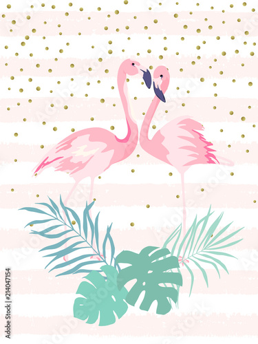 Couple pink flamingos. Tropical print for invitation, birthday, celebration, ...