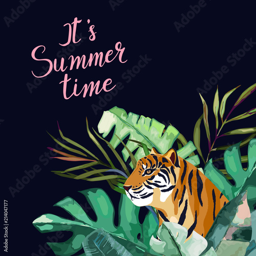 Summer frame with tropical jungle leaves and tiger. Vector aloha illustration...