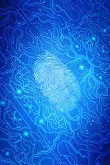 Wall Mural - Fingerprint integrated in a printed circuit, releasing binary codes. fingerprint Scanning Identification System. Biometric Authorization and Business Security Concept. digital illustration