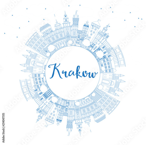 Dekoracja na wymiar  zarys-panorame-miasta-krakow-polska-z-niebieskimi-budynkami-i-miejsca-kopiowania
