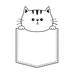 Sticker - Cat in the pocket holding hands. Doodle contour linear sketch. Cute cartoon animals. Kitten kitty character. Dash line. Pet animal. White and black color. T-shirt design. Baby background. Flat