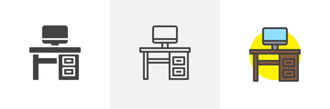 Desktop furniture icon. Line, solid and filled outline colorful version, outline and filled vector sign. Workplace table symbol, logo illustration. Different style icons set. Vector graphics