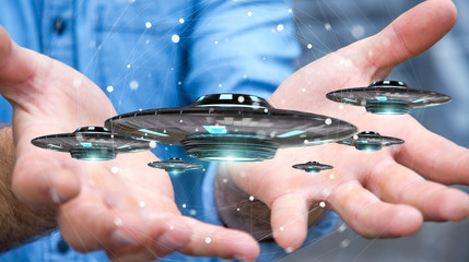 Poster - Businessman with retro UFO spaceship 3D rendering