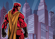 Comics style illustration of powerful superhero standing on cityscape background.