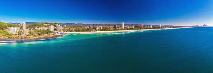 Aerial view of Burleigh Heads - famous surfing beach suburb on the Gold Coast, Queensland, Australia