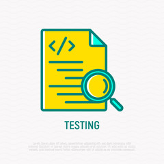 Wall Mural - testing software: code with magnifier thin line icon. modern vector illustration.