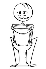 Sticker - Cartoon stick drawing conceptual illustration of sick or drunk man sitting on toiled with bucket for vomiting in hands.