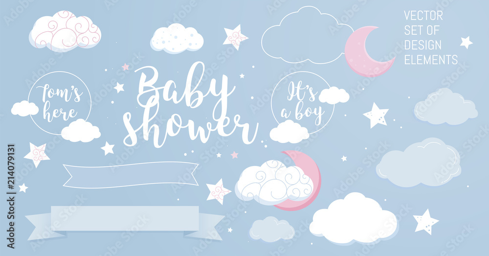 Cute design elements for baby shower invotation and party. - obrazy, fototapety, plakaty 