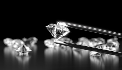 Poster - Diamond in tweezers on a dark background with diamonds group soft focusing, 3d rendering.