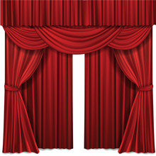 Red Stage Curtain Realistic Vector Illustration For Theater Or Opera Scene Backdrop, Concert Grand Opening Or Cinema Premiere. Red Curtains Or Portiere Drapes For Ceremony Performance Design Template
