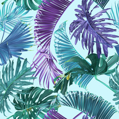 Wall Mural - Vector tropical leaves seamless pattern on light blue. Exotic botanical design for cosmetics, spa, perfume, health care products. Can be used as greeting or wedding background. Best for wrapping paper