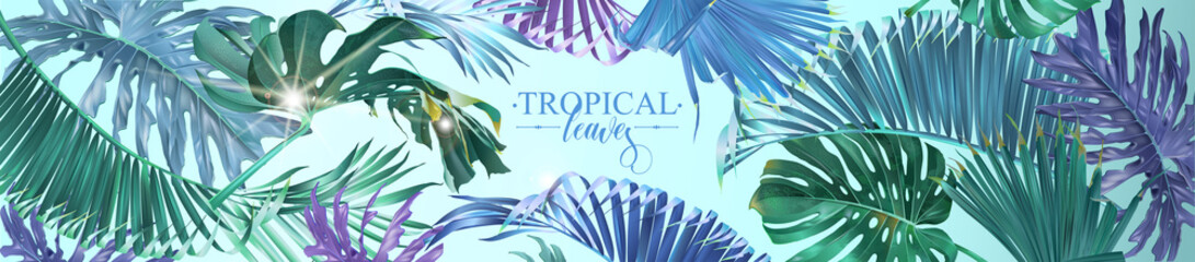 Wall Mural - Vector horizontal tropical leaves banner on light blue background. Exotic botanical design for cosmetics, spa, perfume, health care products, aroma, wedding invitation. Best as web banner