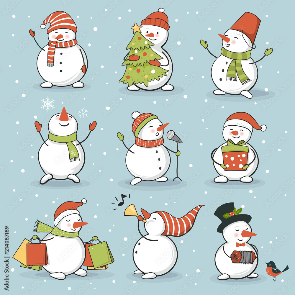 Funny snowman set with winter and holiday accessories. Perfect for New Year  and Christmas greeting card, sticker kit. Vector illustration, hand drawn  style Stock Vector | Adobe Stock, image size:1000x1000