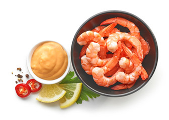 Canvas Print - bowl of boiled gambas and salca sauce