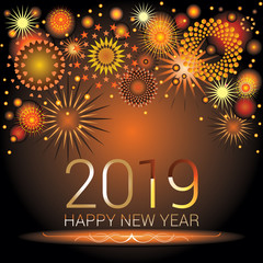 Happy New Year numerals 2019 with colorful fireworks design on an orange gradient background