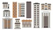 City elements of high-rise buildings front view with windows and doors in flat style isolated on white background. Collection of apartment houses and municipal structures. Vector illustration.