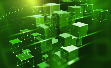 Fototapete - Blockchain technology. Information blocks in cyberspace. Decentralized network. 3D illustration on a technological background