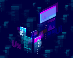 Mobile devices multicolor isometric user interface on dark blue background - UX concept
