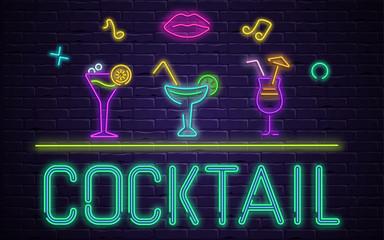 Canvas Print - Purple cocktail party background with colorful neon decoration.