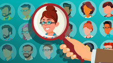 Human Recruitment Vector. Woman. Hand Picking Woman. Stand Out From Crowd. Business Team. Select Candidate Person. Pick From The Crowd. Employer Choice. Cartoon Illustration