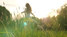 Woman Enjoy Life, Dance And Whirl In Green Field
