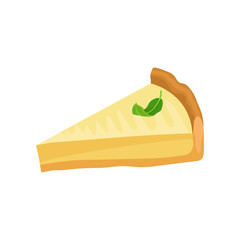 Wall Mural - Slice of cheesecake with green leaf on top. Tasty lemon dessert. Sweet food. Flat vector for cafe menu or recipe book