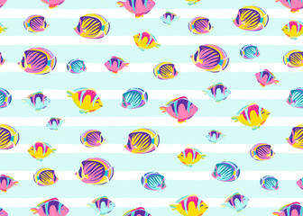 Fish pattern seamless vector illustration. Endless cartoon color sea ocean background for child print with striped white texture on light backdrop