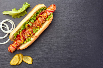 Juicy hot dog and ingredients on dark slate