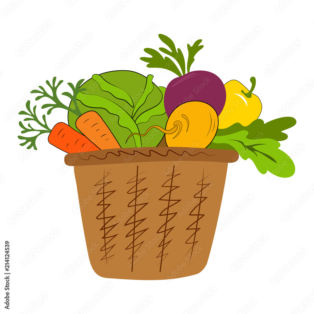 Fresh vegetables in basket isolated on white. Basket with vegetables  cartoon vector illustration. Stock Vector | Adobe Stock, image size:1000x1000