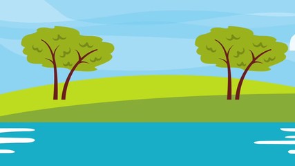 Poster - landscape trees field lake natural sky clouds animation